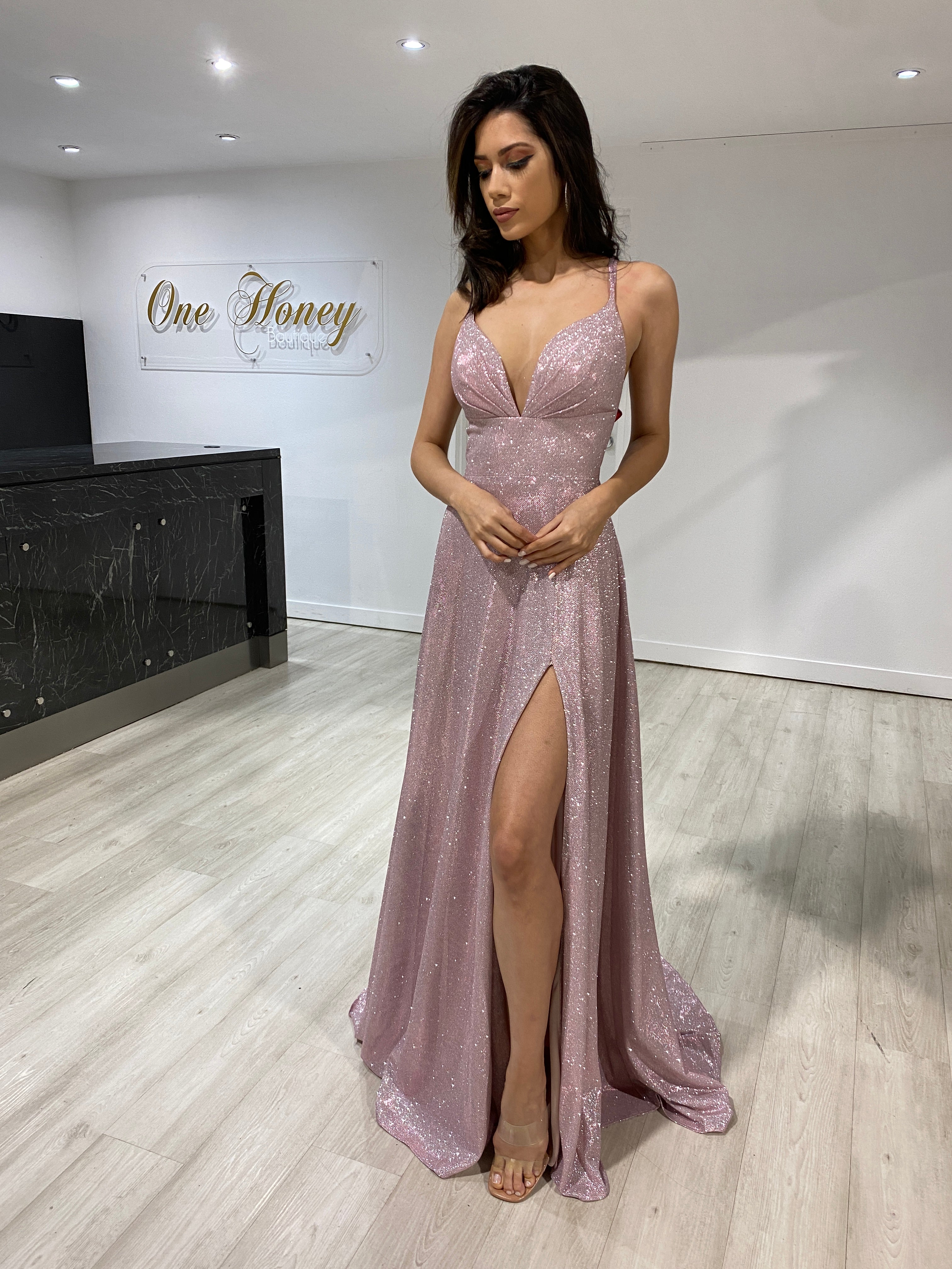 HOLLIE Iridescent Glitter A-Line Formal Dress with thigh-high slit, evening gown for special occasions, Brisbane to Gold Coast.