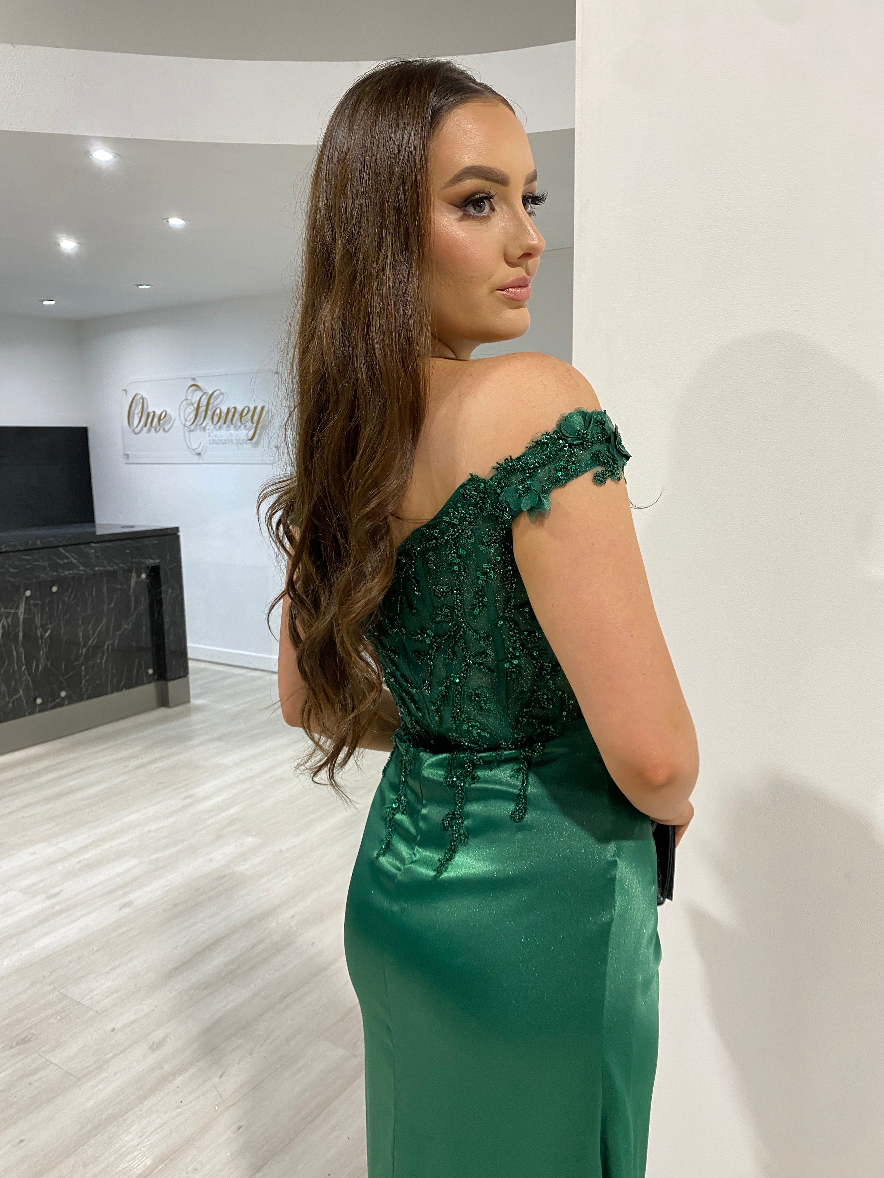 THELMA Sequin Bustier Corset Satin Mermaid Formal Dress with off-the-shoulder lace bodice, modeled indoors. Brisbane to Gold Coast.