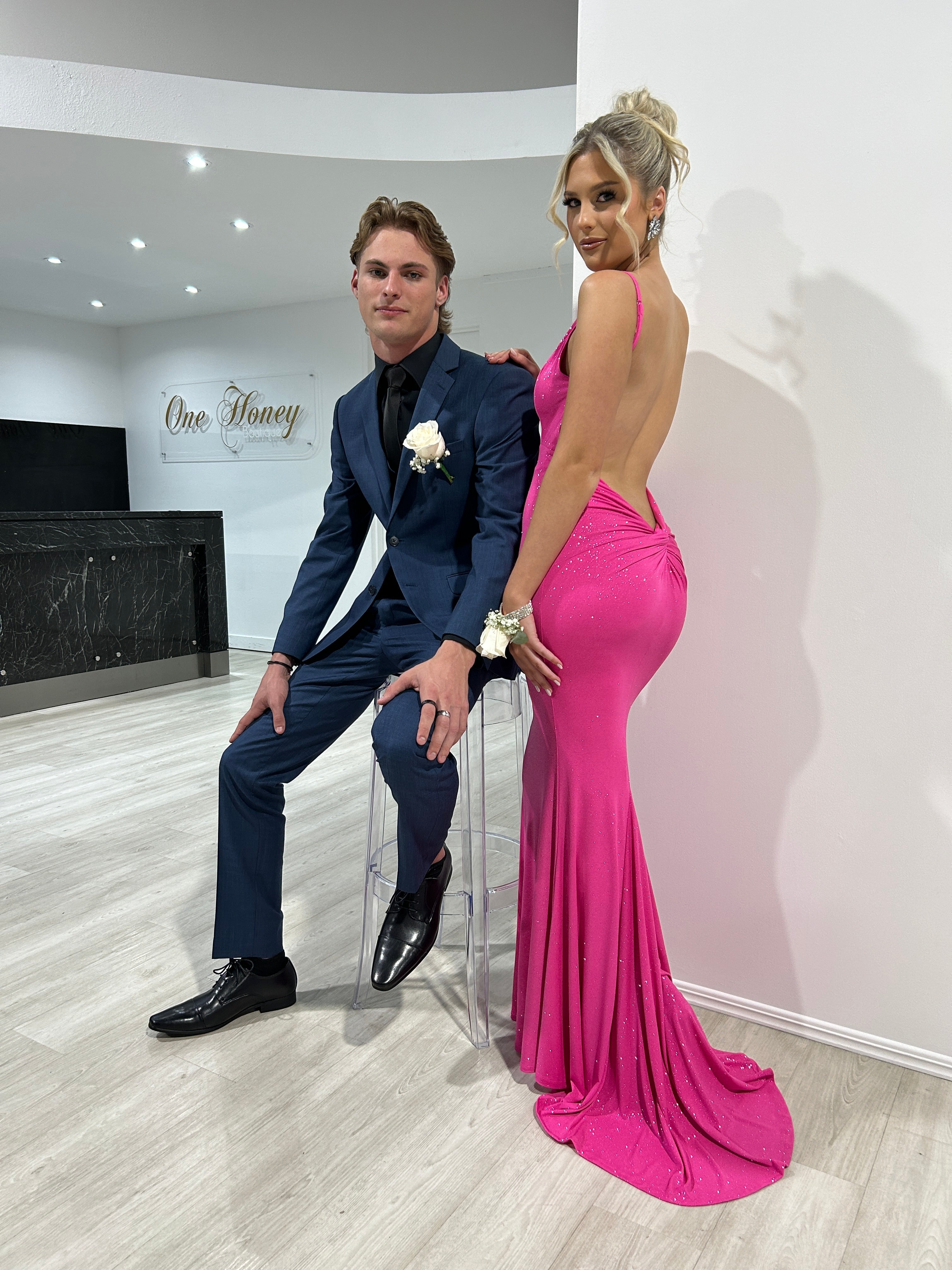 SKY Glitter Bum Scrunch Low Back Mermaid Formal Dress in pink with subtle glitter, ideal evening gown. Brisbane to Gold Coast, Australia.