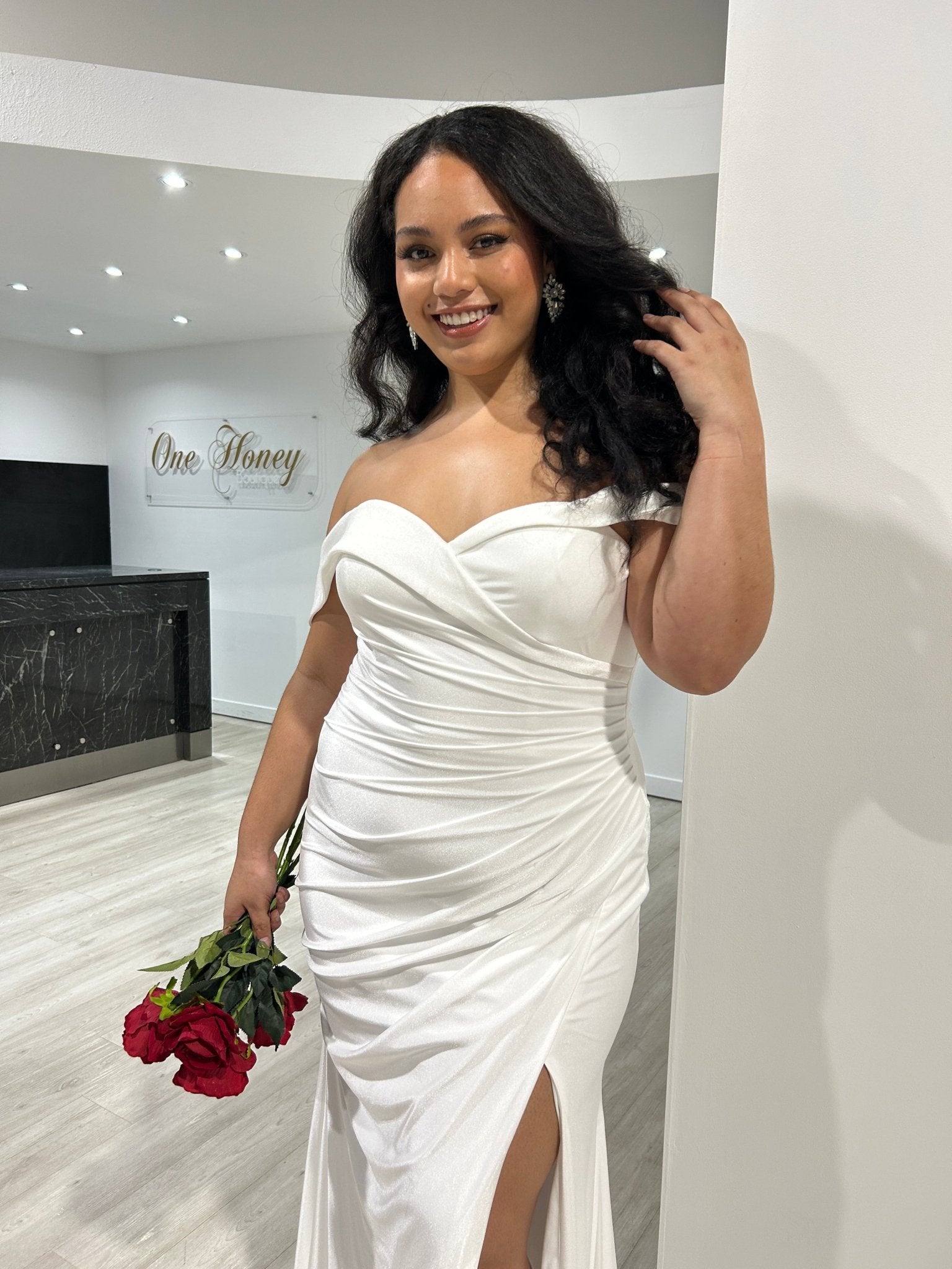 LAILA Off Shoulder Silky Bridesmaid Semi Formal Dress in Australia | One Honey Boutique