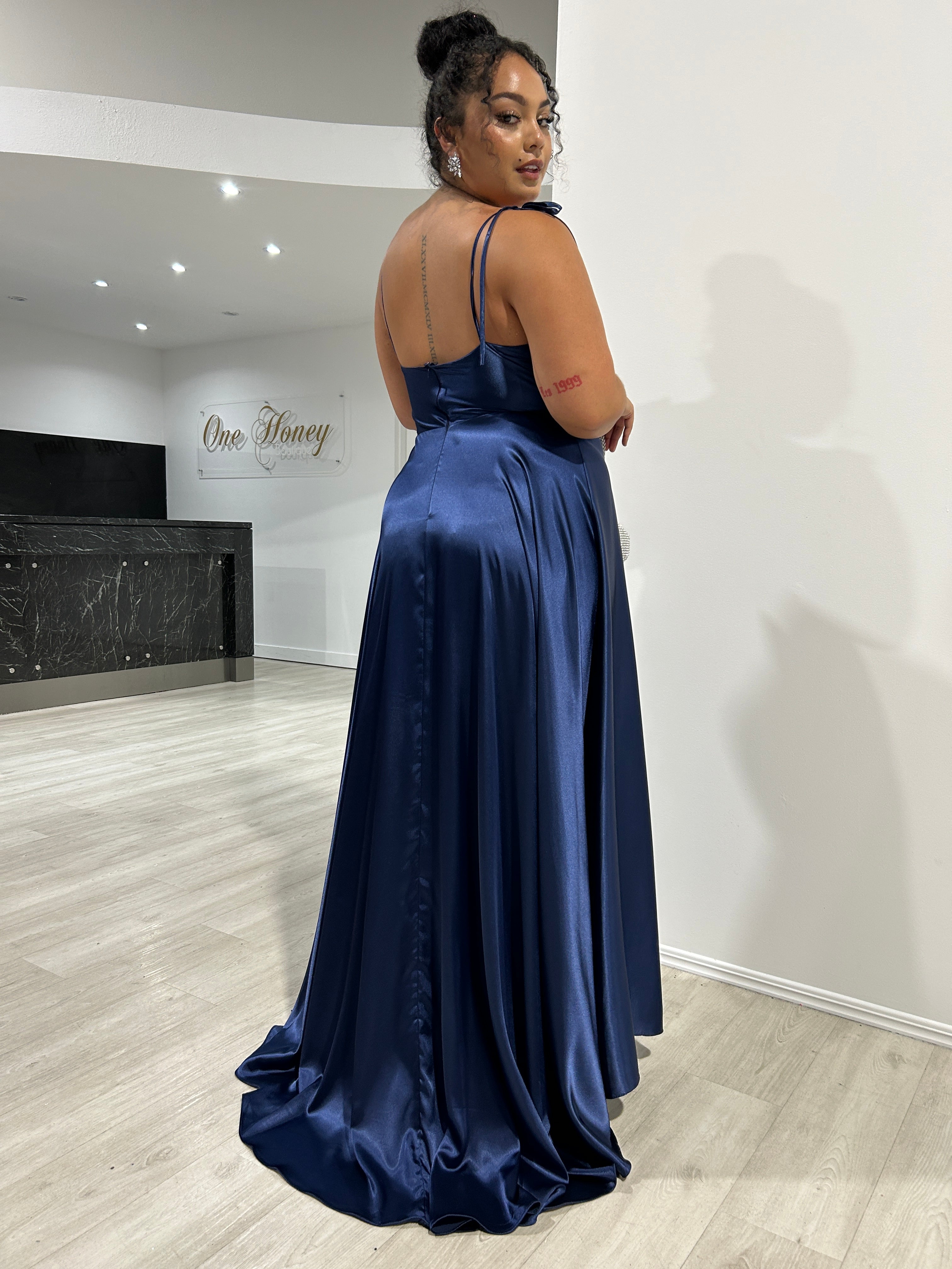 XENA silky gown with adjustable spaghetti ties, flowing A-line design, bridesmaid and formal dress, Brisbane to Gold Coast.