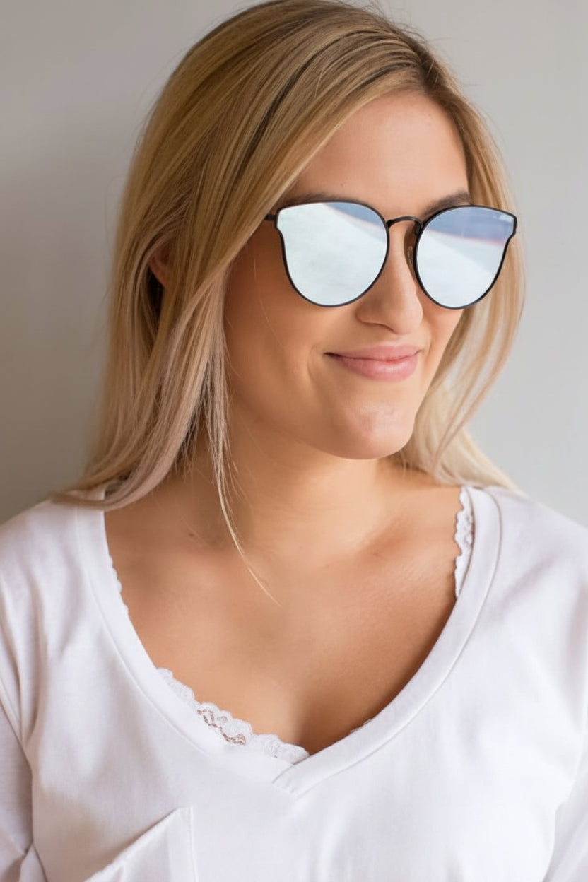 QUAY ALL MY LOVE Black & Silver Blue Mirror Cat Eye Aviator Sunglasses