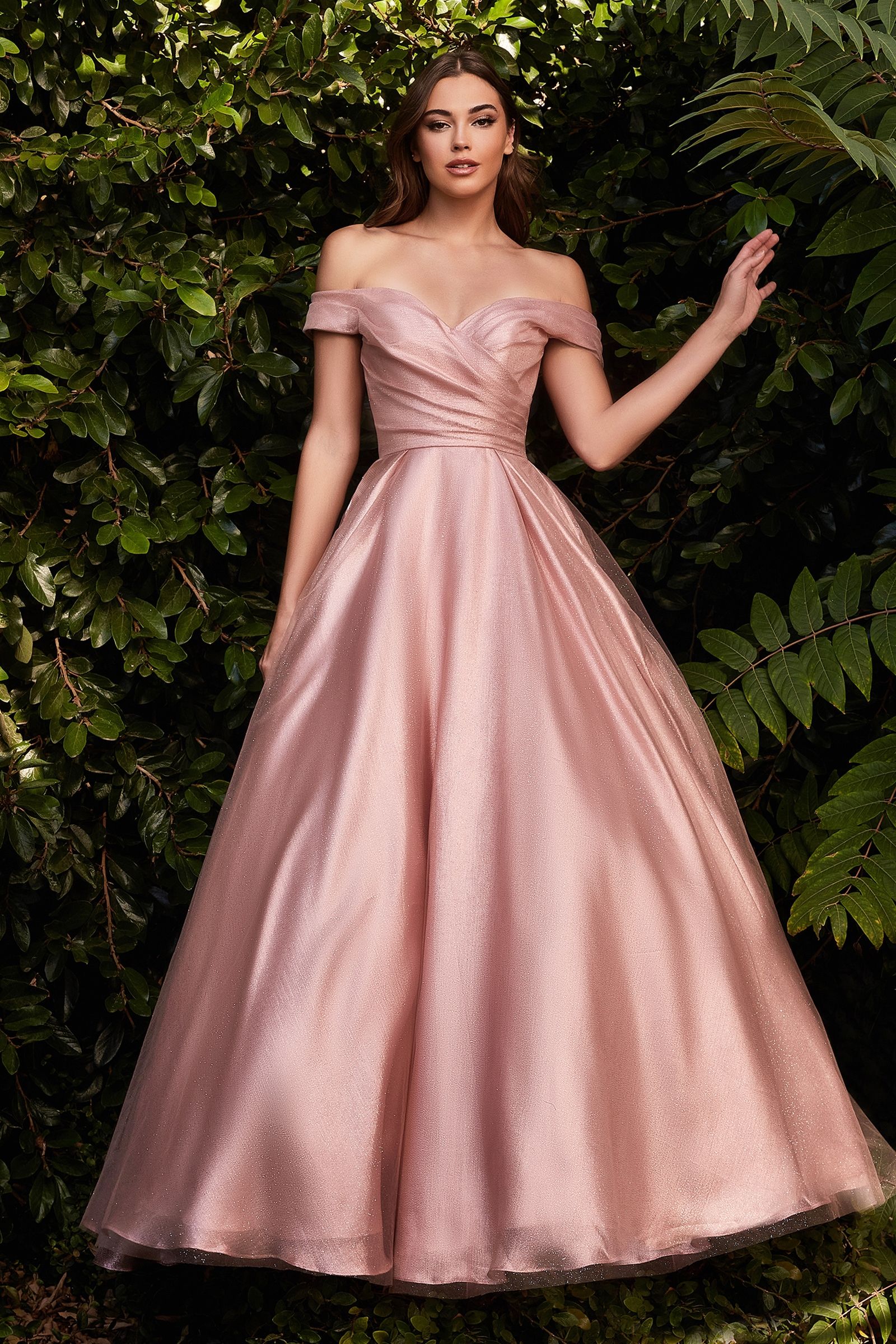 ARIANA Off-shoulder ballgown with a sweetheart neckline and fitted bodice in metallic organza. Perfect for formal events. Brisbane to Gold Coast.