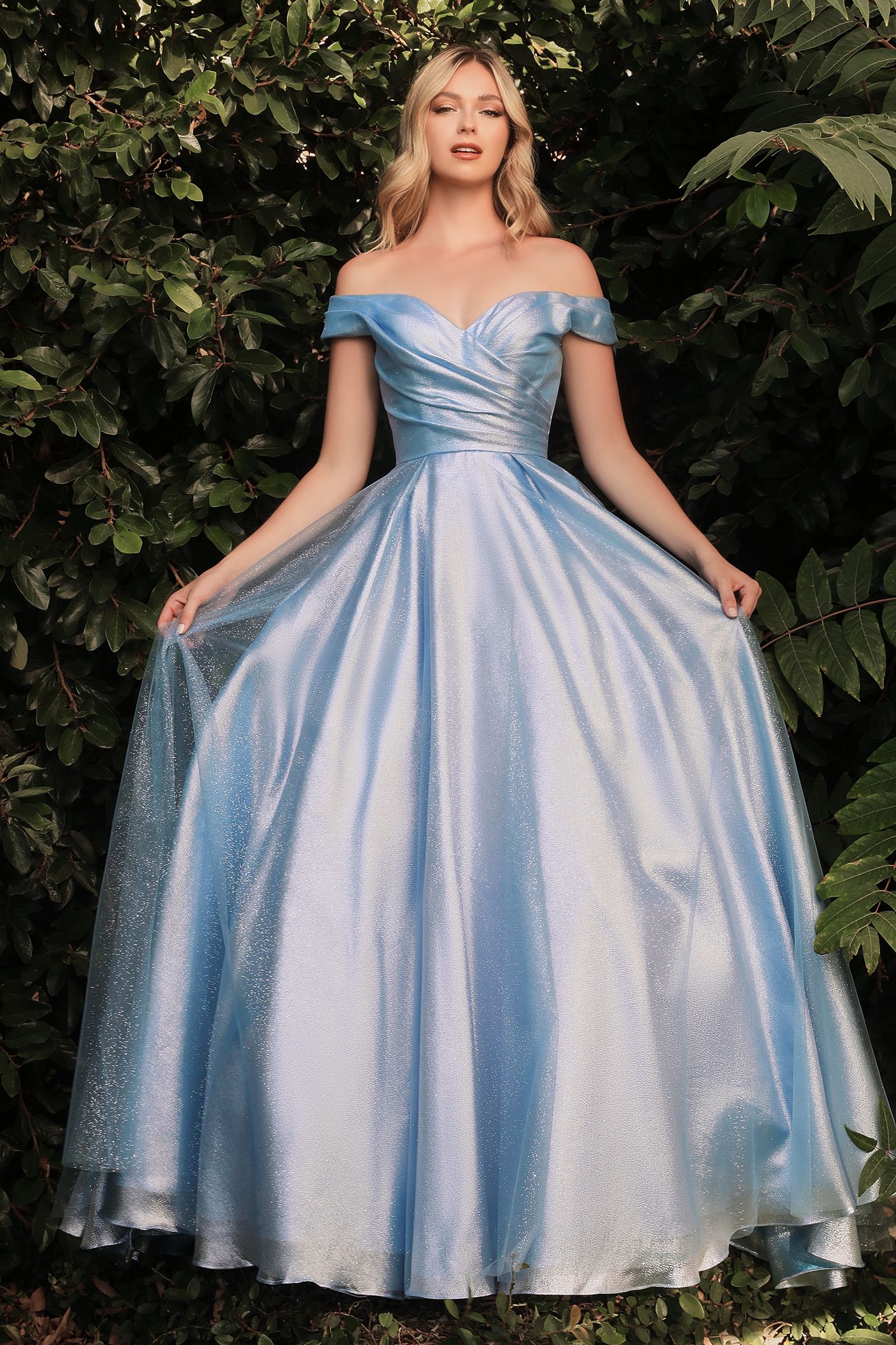 ARIANA Shimmer Off Shoulder Ballgown with sweetheart neckline and glitter organza fabric. Formal dress, Brisbane to Gold Coast.