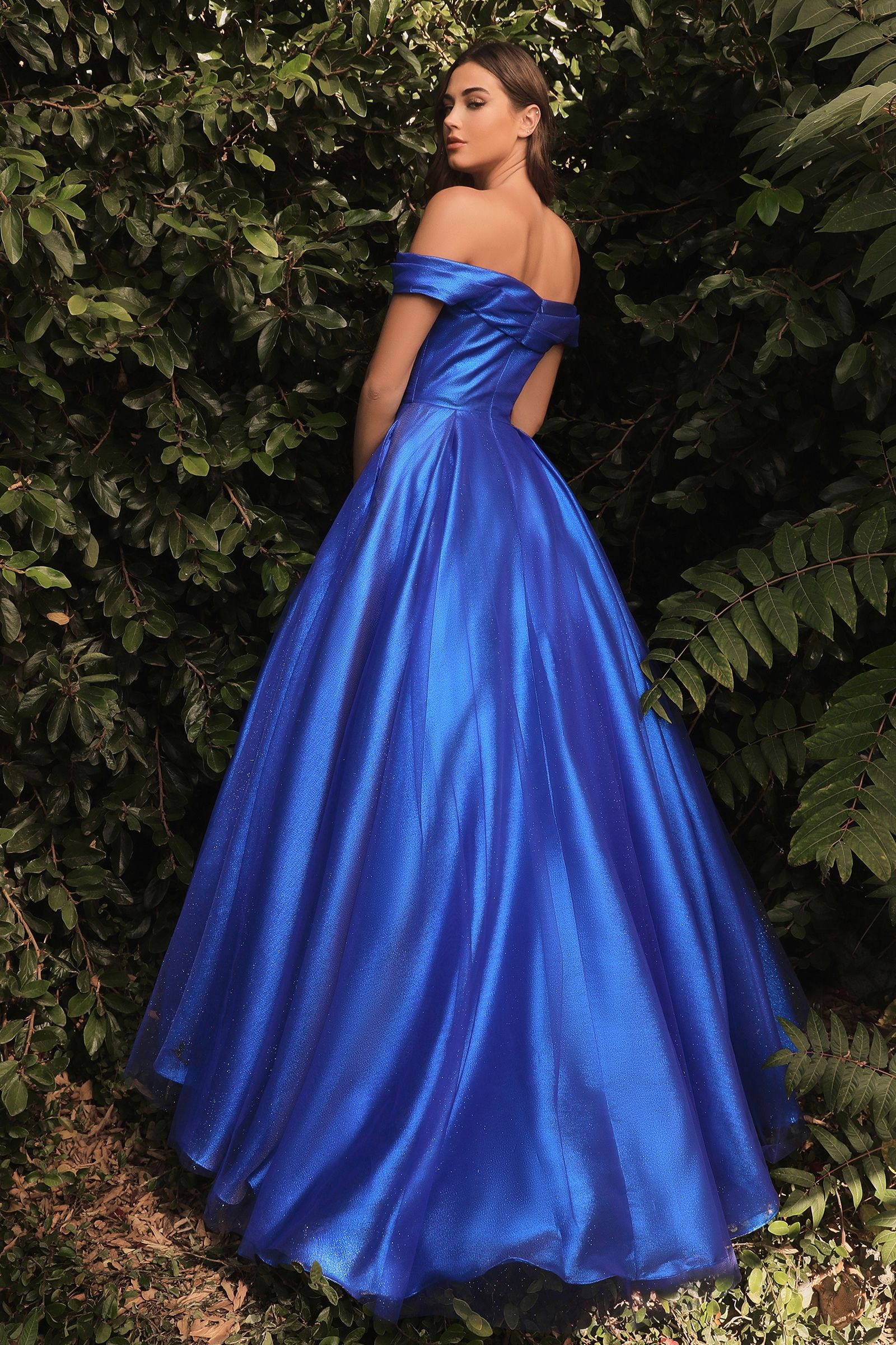 ARIANA shimmer off-shoulder formal ballgown with fitted bodice and full skirt, blue metallic finish, Brisbane to Gold Coast, Australia.
