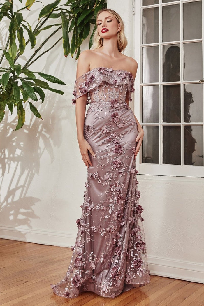 Honey Couture ZOA Mauve Off the Shoulder 3D Flower Glitter Mermaid Formal Dress
