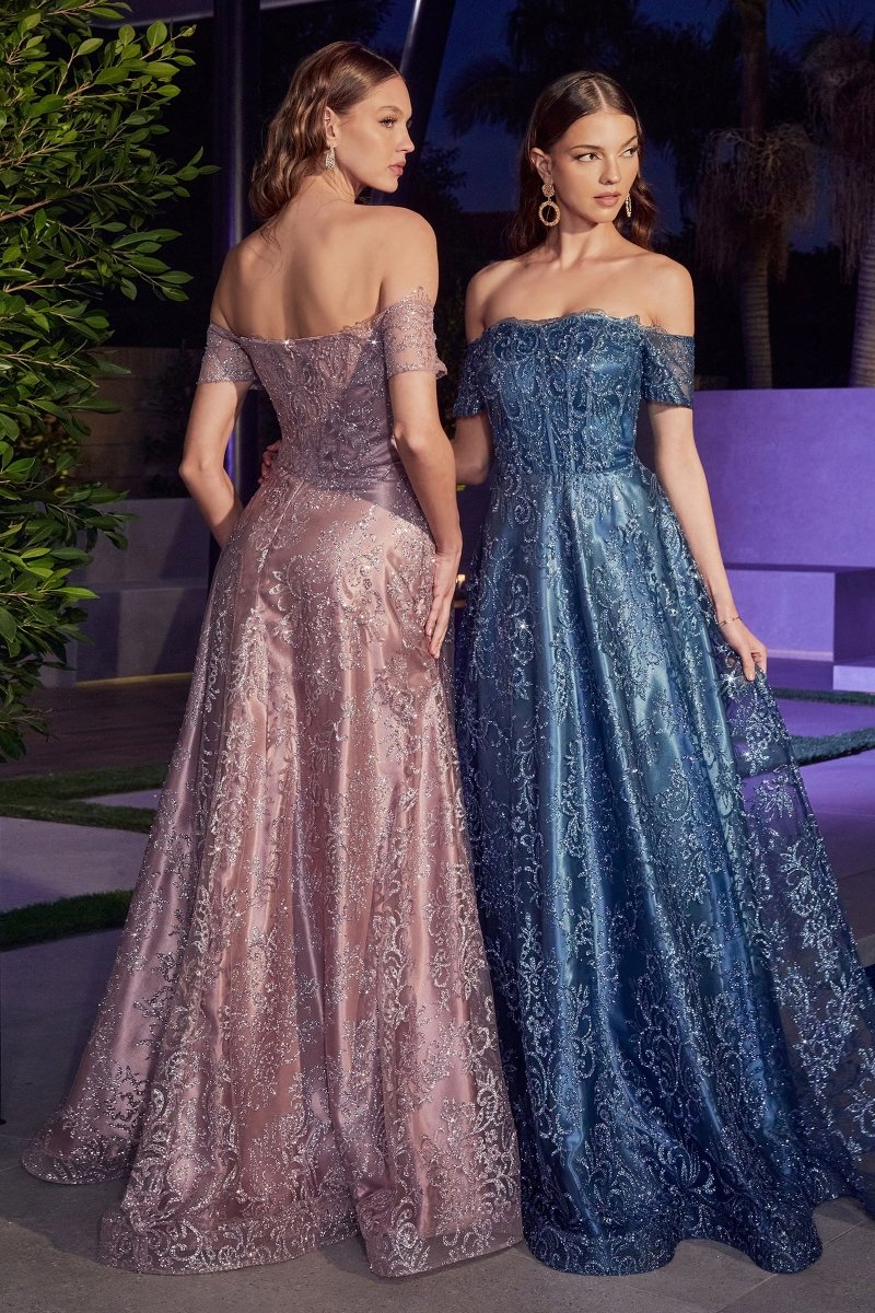 THEA Off The Shoulder Glitter Ball Gown with lace detailing, perfect as a formal dress. Radiant style from Brisbane to Gold Coast.