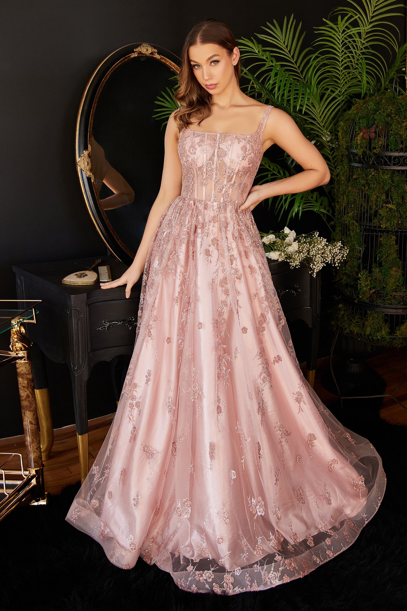 BELLAMY Rose Gold Glitter Ball Gown with Sheer Corset Bodice, Formal Dress, Elegant Evening Gown, Brisbane to Gold Coast, Australia.