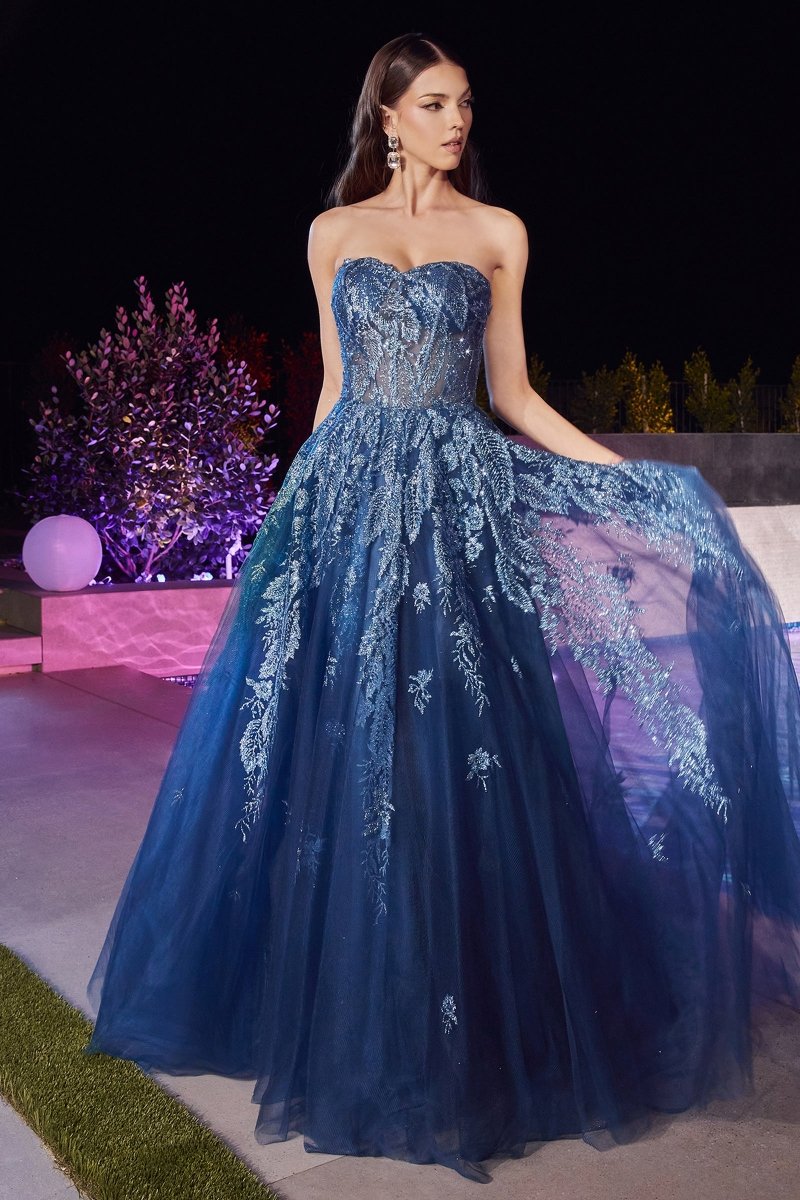 MERCER Strapless Glitter Ball Gown with lace-up back and layered tulle skirt, perfect for formal events, Brisbane to Gold Coast, Australia.