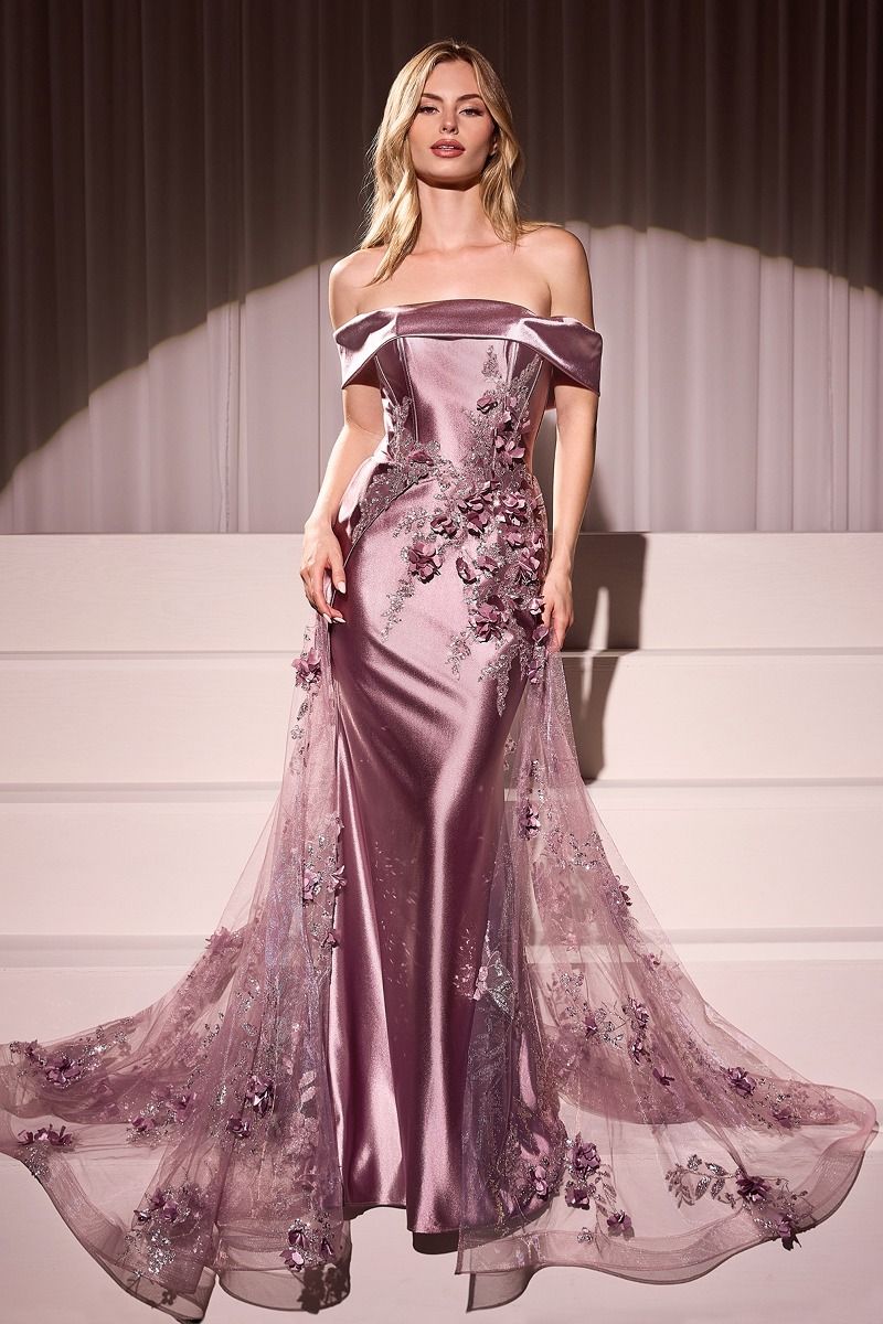 ARRAN Off Shoulder Floral Applique Fitted Mermaid Prom Dress with satin base and floral details, Brisbane to Gold Coast, Australia.