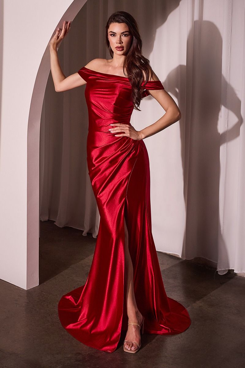 LEILANI off shoulder satin mermaid prom gown with waist pleats and leg slit. Elegantly styled, perfect for Brisbane to Gold Coast.
