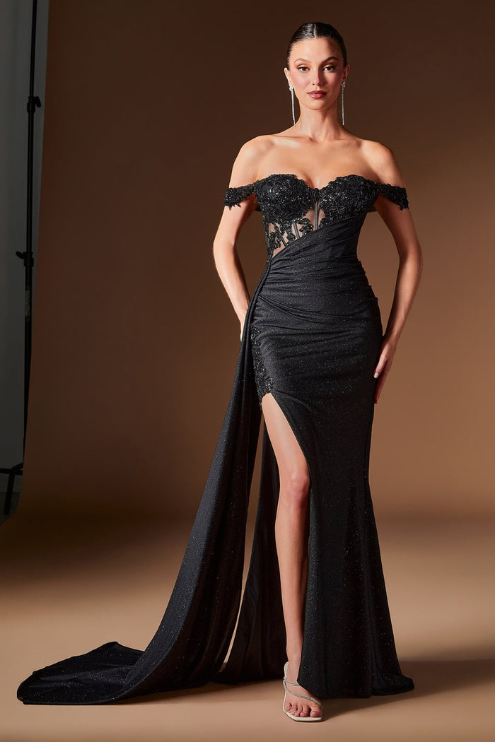 TENESIA Glitter Corset Formal Gown with Side Sash