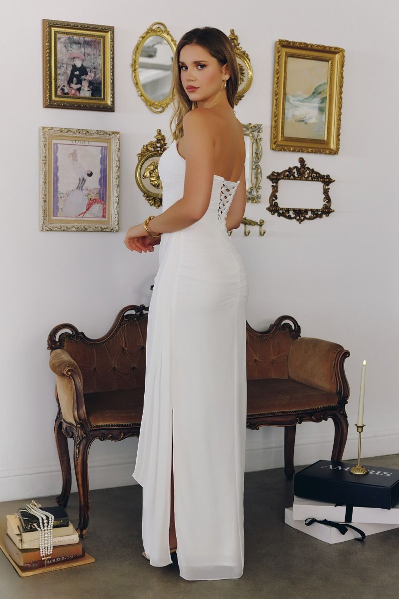 JAZI Off - White Strapless Ruched Chiffon Fitted Affordable Bridal Dress in Australia | One Honey Boutique