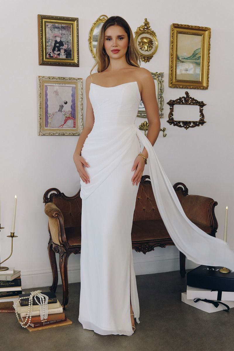 JAZI Off - White Strapless Ruched Chiffon Fitted Affordable Bridal Dress in Australia | One Honey Boutique