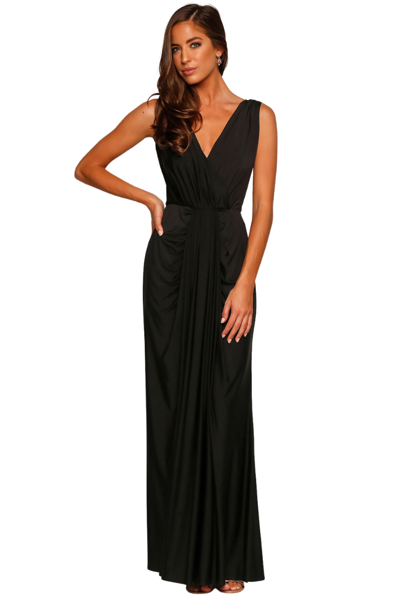 JESSA Silk Jersey V-neck bridesmaid maxi dress with cascading drape, elegant overlap detail. Brisbane to Gold Coast.