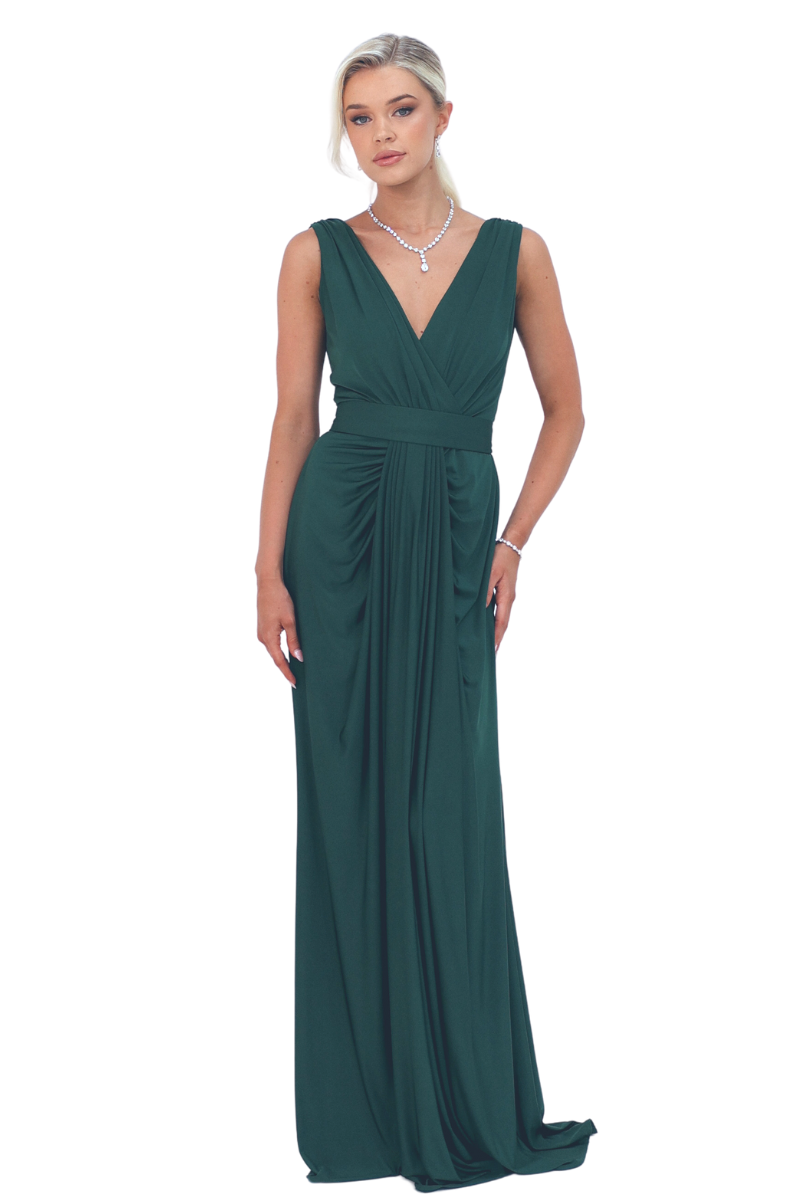 JESSA Silk Jersey Bridesmaid Maxi Dress with V-neckline and cascading drape, perfect for weddings Brisbane to Gold Coast.