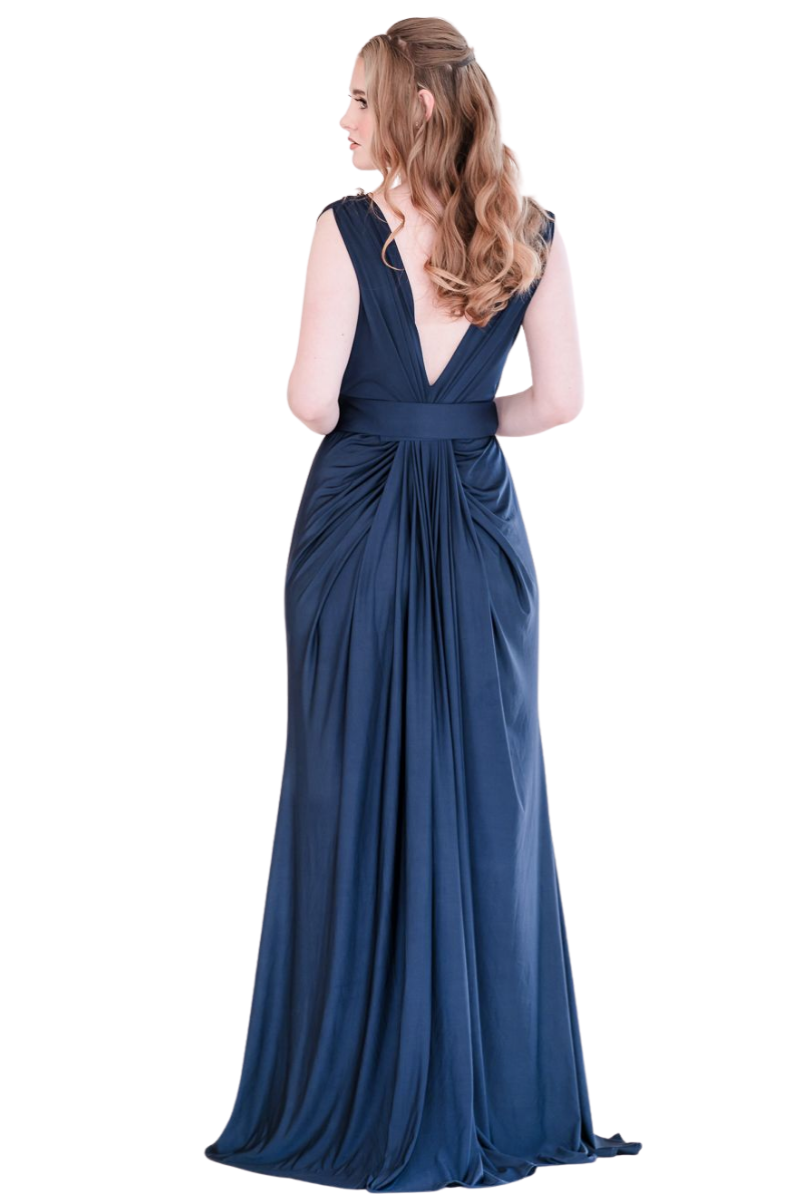 JESSA Silk Jersey Bridesmaid Maxi Dress with V-neck and cascading drape, evening gown style, Brisbane to Gold Coast.