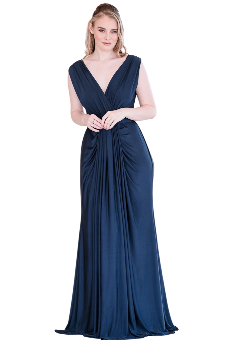 JESSA Silk Jersey Bridesmaid Maxi Dress with V-neckline and cascading drape, perfect for weddings. Brisbane to Gold Coast.