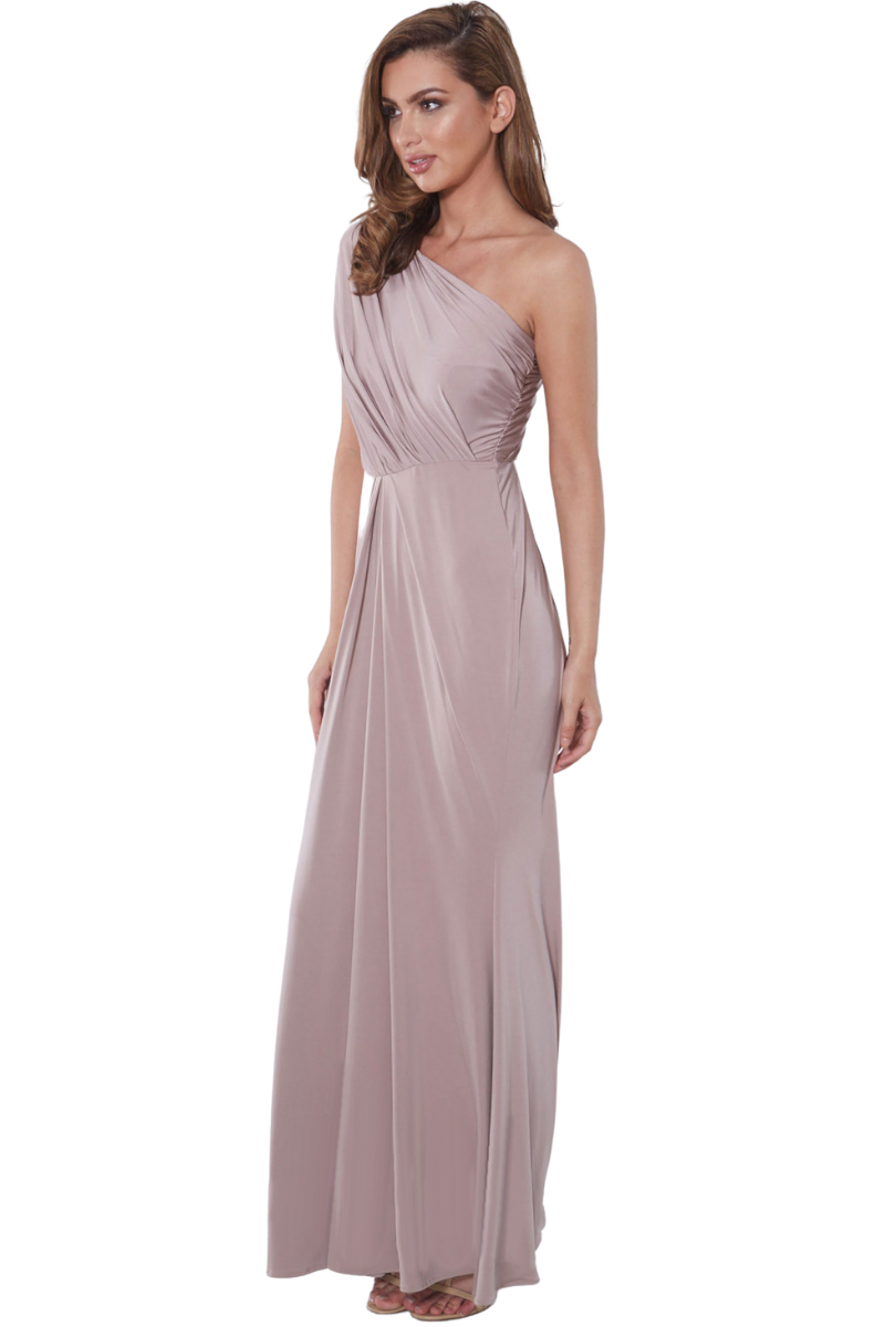 LANA Silk Jersey Asymmetric One Shoulder Mermaid Dress with draped bodice and detachable belt, bridesmaid gown Brisbane to Gold Coast.