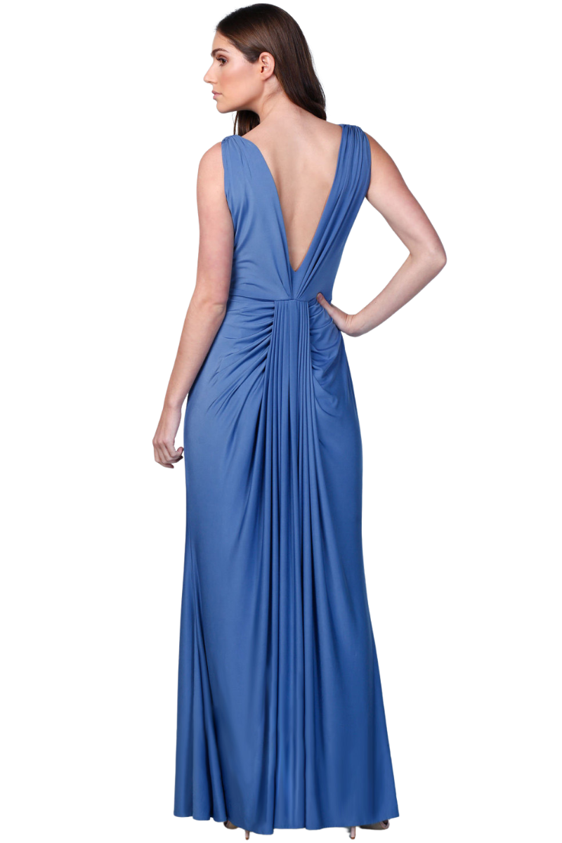 JESSA Silk Jersey Bridesmaid Maxi Dress with cascading drape and V-back design. Elegant evening gown Brisbane to Gold Coast.