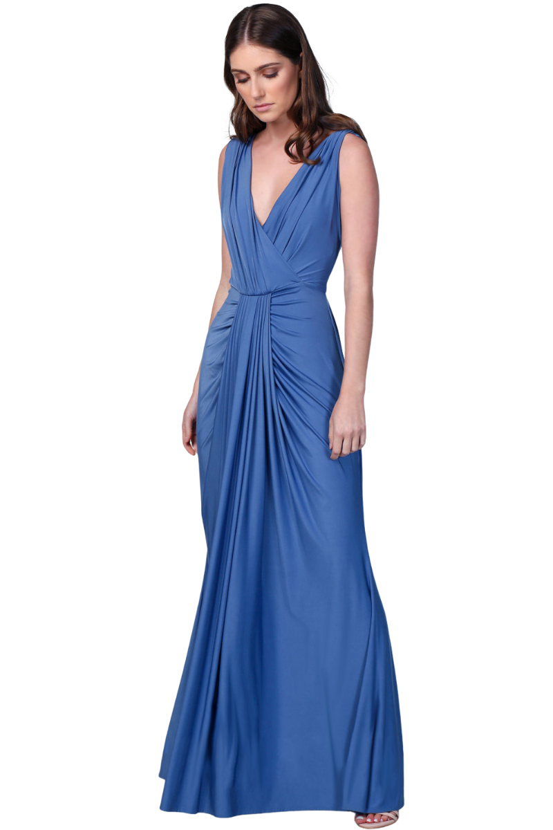 JESSA silk jersey bridesmaid maxi dress with V-neckline and draped skirt, Brisbane to Gold Coast.