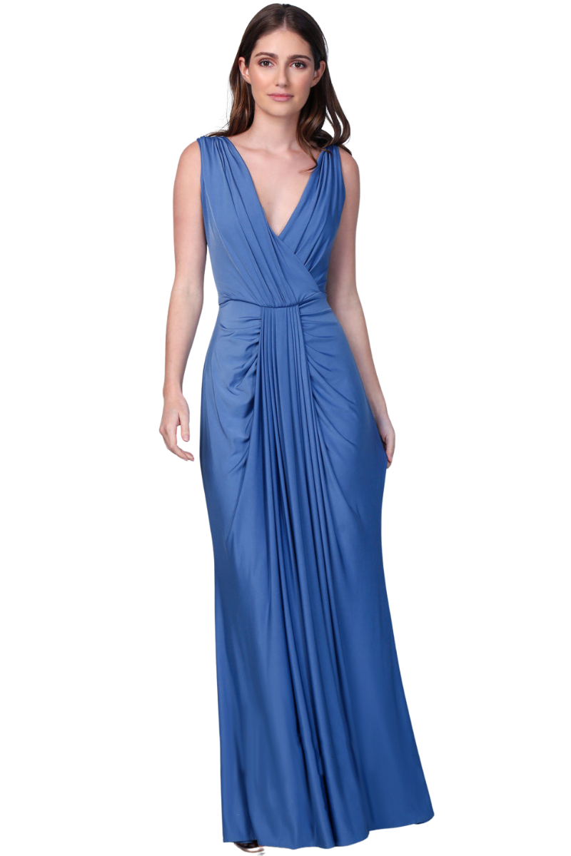 JESSA Silk Jersey Bridesmaid Maxi Dress with V-neck overlap and cascading drape, Brisbane to Gold Coast.