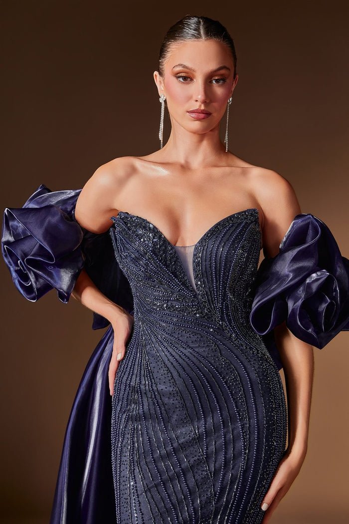 JOSLYN Beaded Mermaid Formal Gown with Detachable Overskirt & Puff Sleeves in Australia | One Honey Boutique