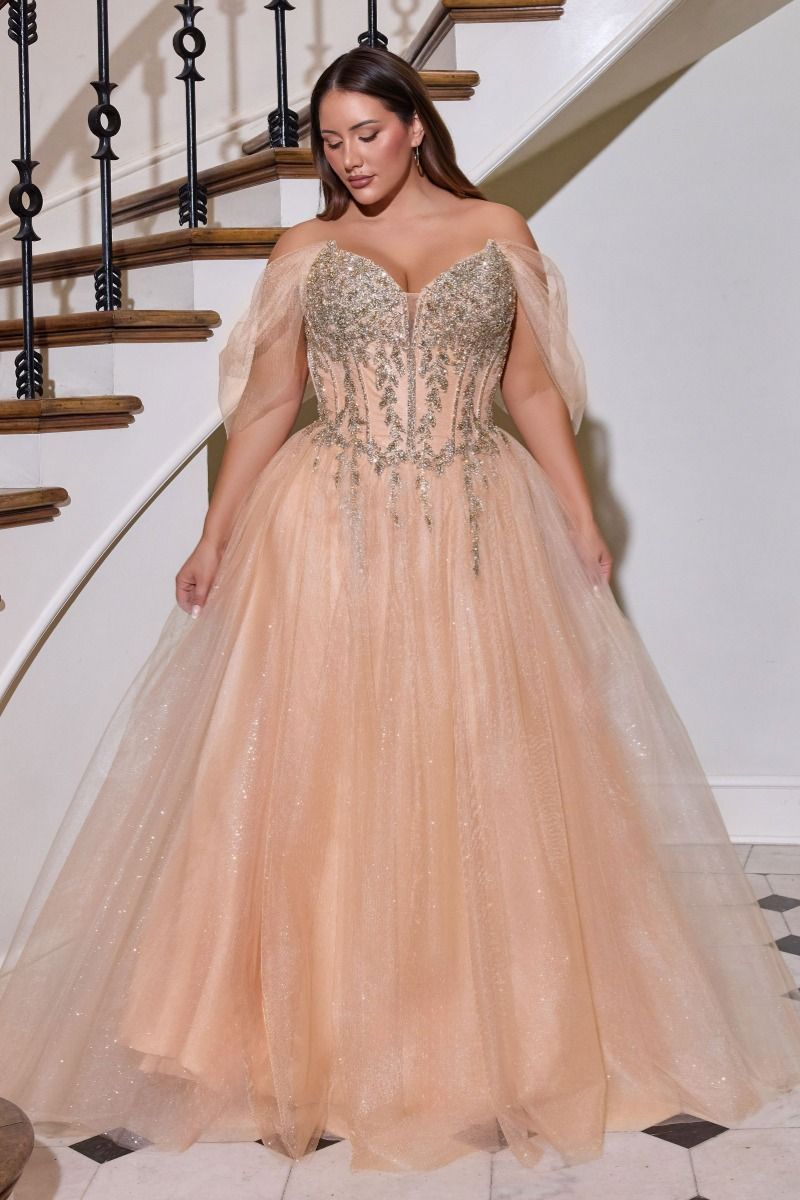 Plus-Size Long Glitter Prom Dress with Beaded Corset Gold / 24 Plus-Size Long Glitter Prom Dress with Beaded Corset Gold / 24