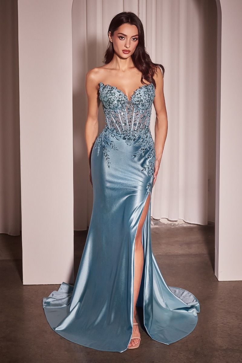 TYLA Satin & Lace Strapless Fitted Prom Dress featuring a lace-appliqued corset bodice and satin skirt. Brisbane to Gold Coast, Australia.