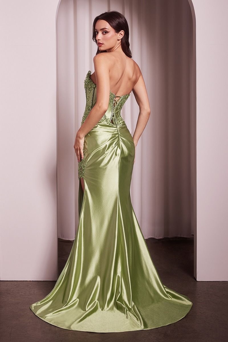 KALEA Strapless embellished green corset prom gown with satin finish, back view. Brisbane to Gold Coast, Australia.