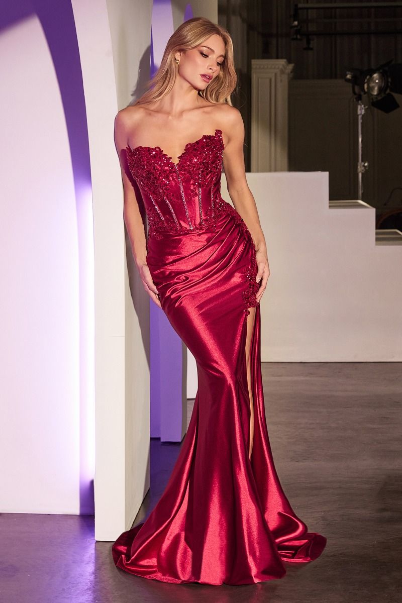 Strapless Sequin Corset Mermaid Long Ball Dress with High Slit – Glamorous Twin Look