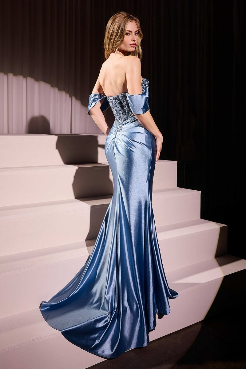 KATHIE Off Shoulder Lace Applique Satin Fitted Prom Dress with sweetheart neckline, evening gown Brisbane to Gold Coast