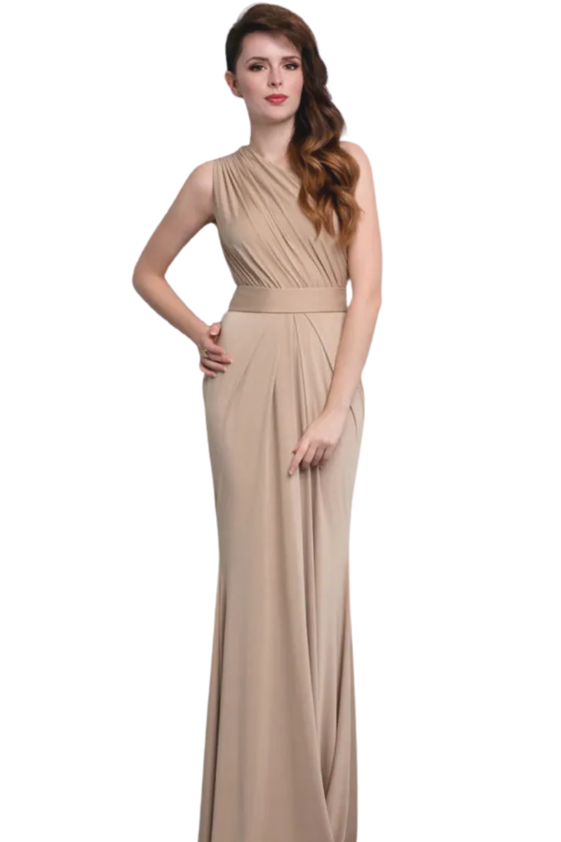 LANA Asymmetric One Shoulder Mermaid Bridesmaid Dress with draped bodice and detachable belt, perfect for Brisbane to Gold Coast.