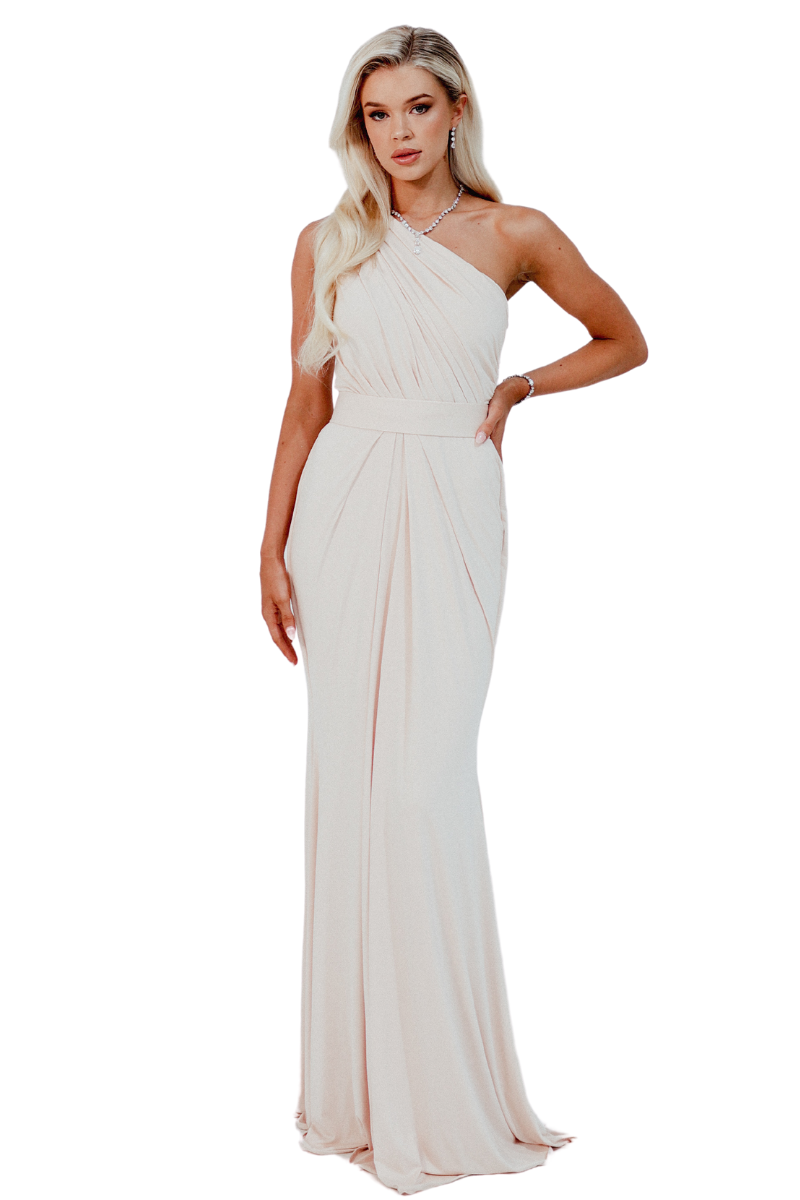 LANA Silk Jersey One Shoulder Mermaid Bridesmaid Dress with asymmetric bodice and column skirt. Brisbane to Gold Coast.