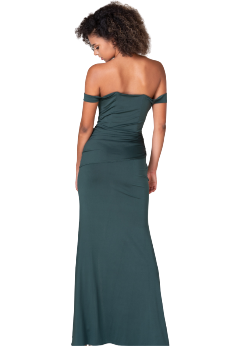 LAURA Silk Jersey off-shoulder mermaid bridesmaid dress with hip draping and leg slit, Brisbane to Gold Coast.