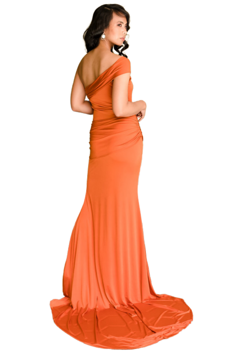 LEXIE Silk Jersey One Shoulder Mermaid Bridesmaid Dress with waist drape, left leg slit. Brisbane to Gold Coast. Australia.