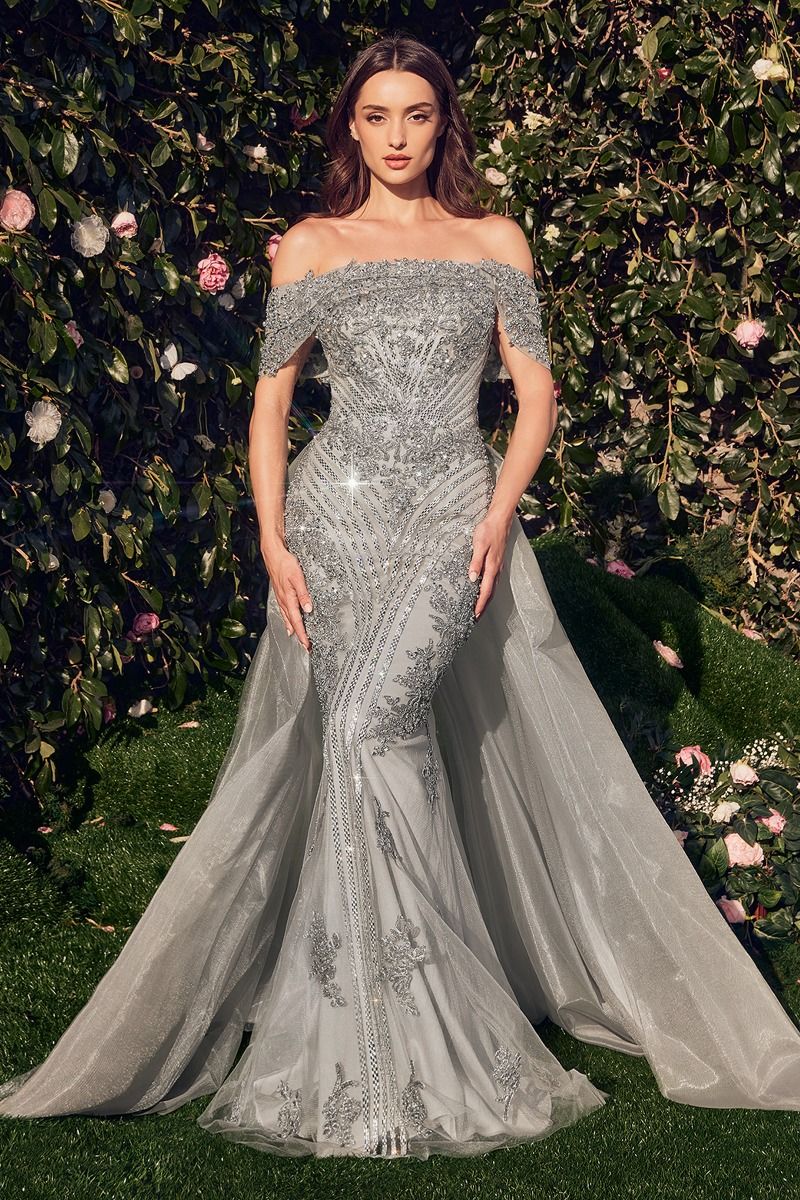 KAYSEN Off Shoulder Crystal Evening Gown with beaded lace and tulle overskirt, perfect for formal events. Brisbane to Gold Coast