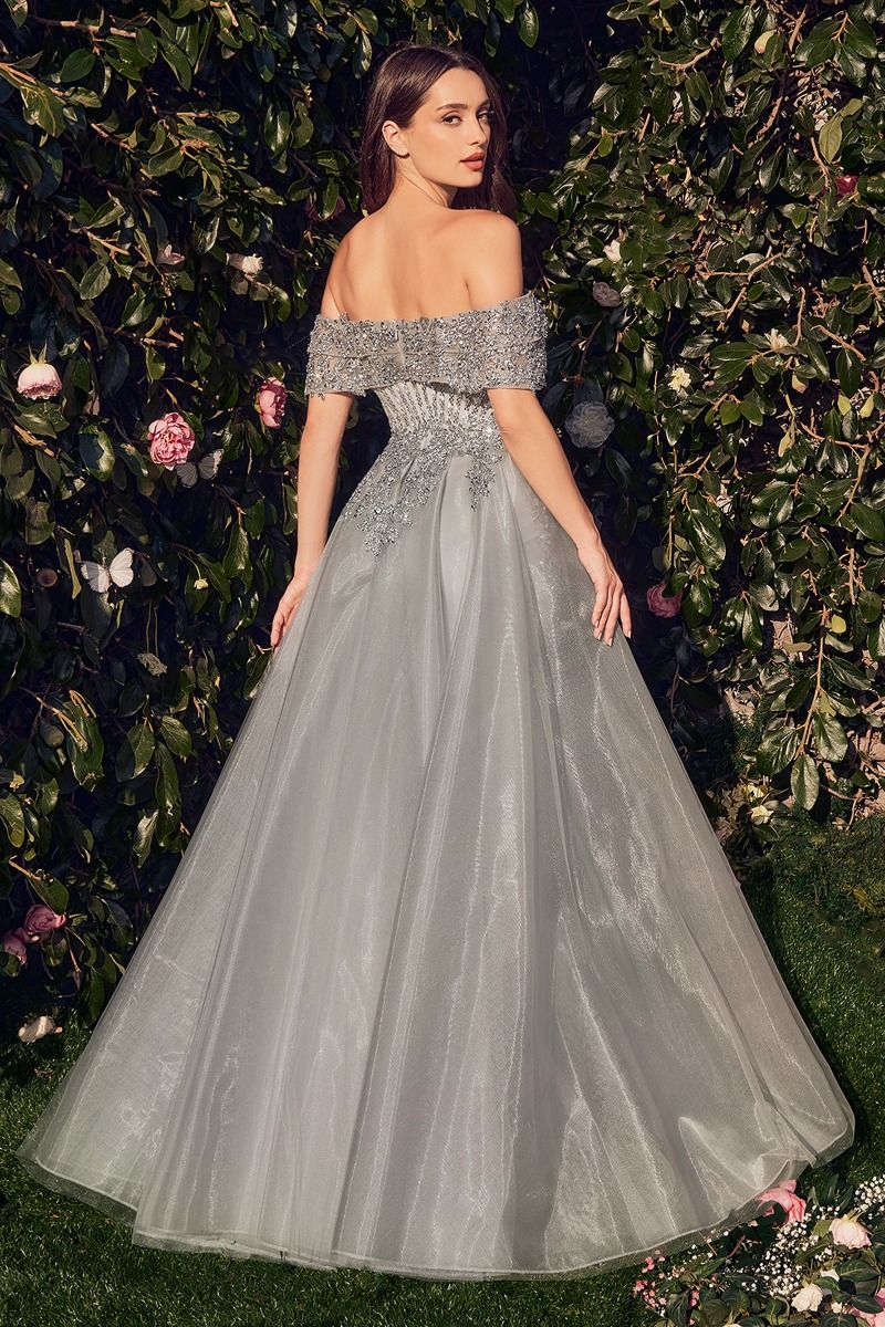 KAYSEN off-shoulder crystal evening gown with beaded lace bodice and tulle overskirt. Perfect for black-tie events. Brisbane to Gold Coast.