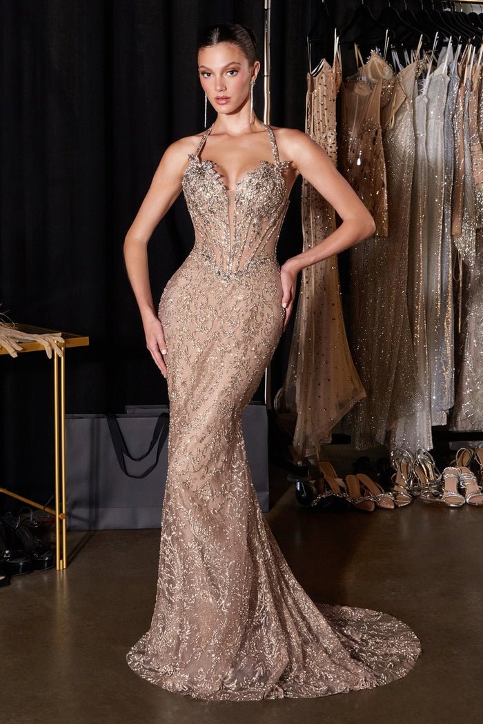 MAELLE Beaded Mermaid Halter Prom & Formal Dress in Australia | One Honey Boutique
