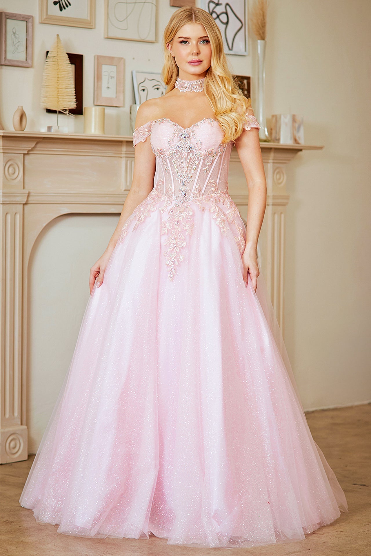 MARGRET Glitter Off - Shoulder Applique A - Line Prom & Ball Gown in Australia | One Honey Boutique