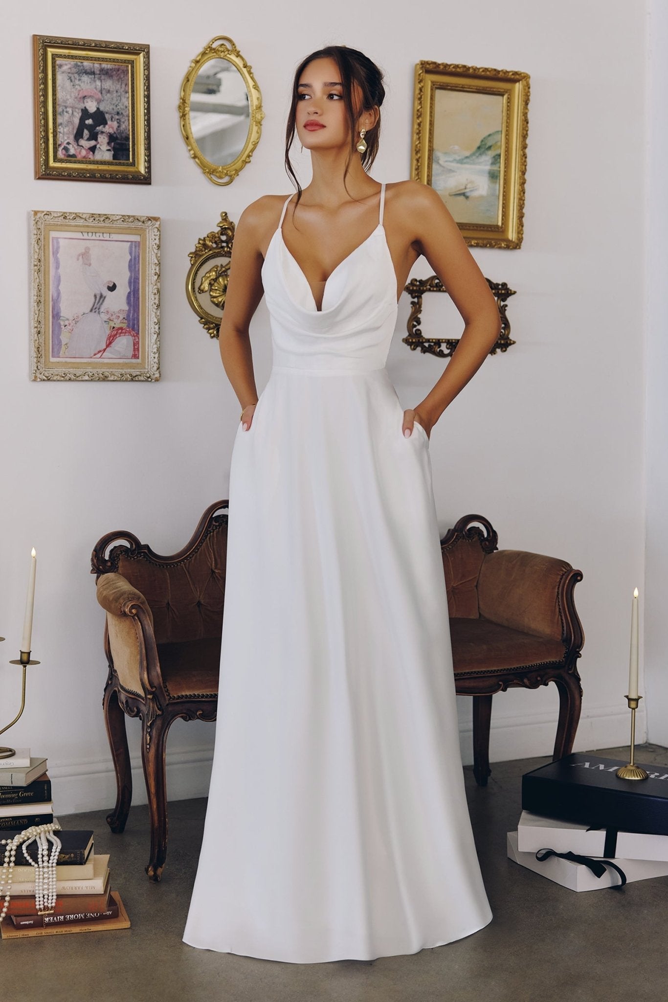 MARIELLE Satin A - Line Cowl Neck Affordable Wedding Gown in Australia | One Honey Boutique