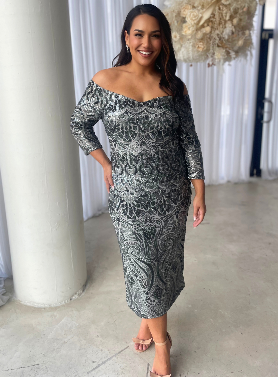 Trellis Lane MARION Structured Pleated Satin Midi Cocktail Dress