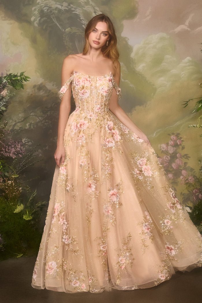 green emerald velvet dress Whimsical Floral Embroidered Ball Gown with Flutter Sleeves – FW215 –  Viniodress main image 1