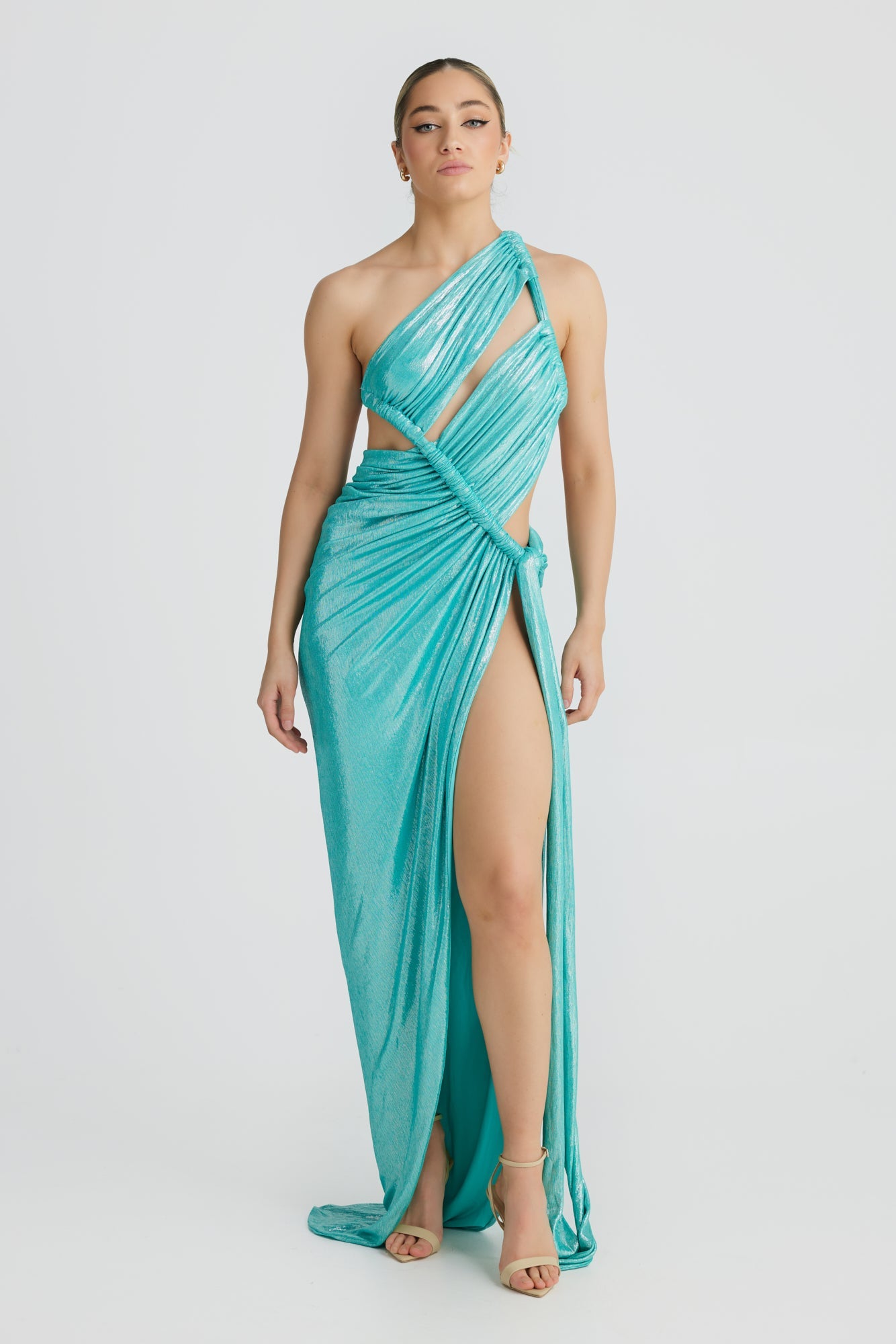 MÉLANI The Label APHRODITE Aqua Metallic One Shoulder Formal Dress