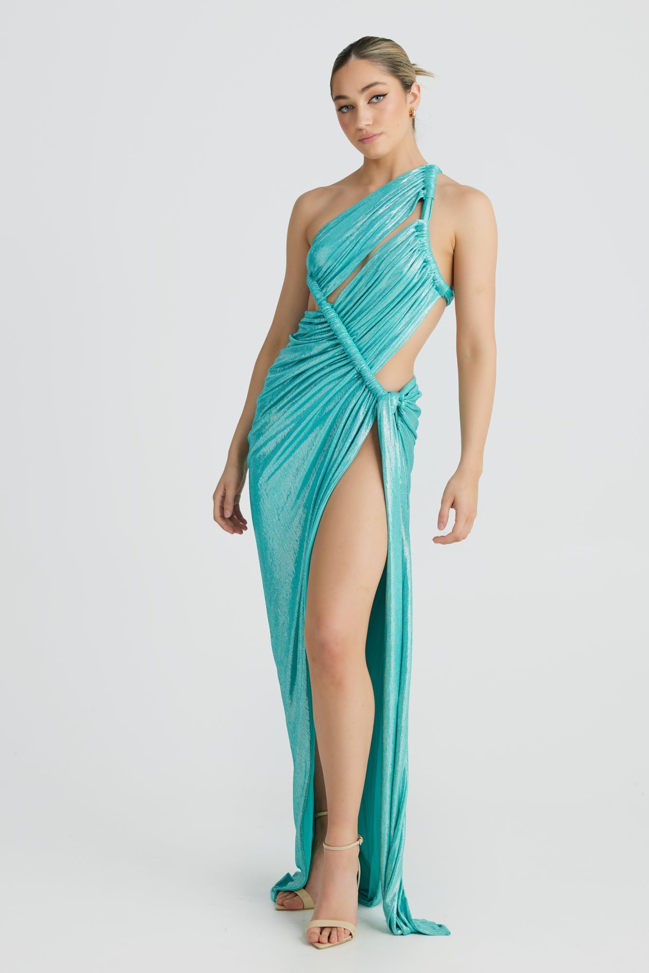 MÉLANI The Label APHRODITE Aqua Metallic One Shoulder Formal Dress