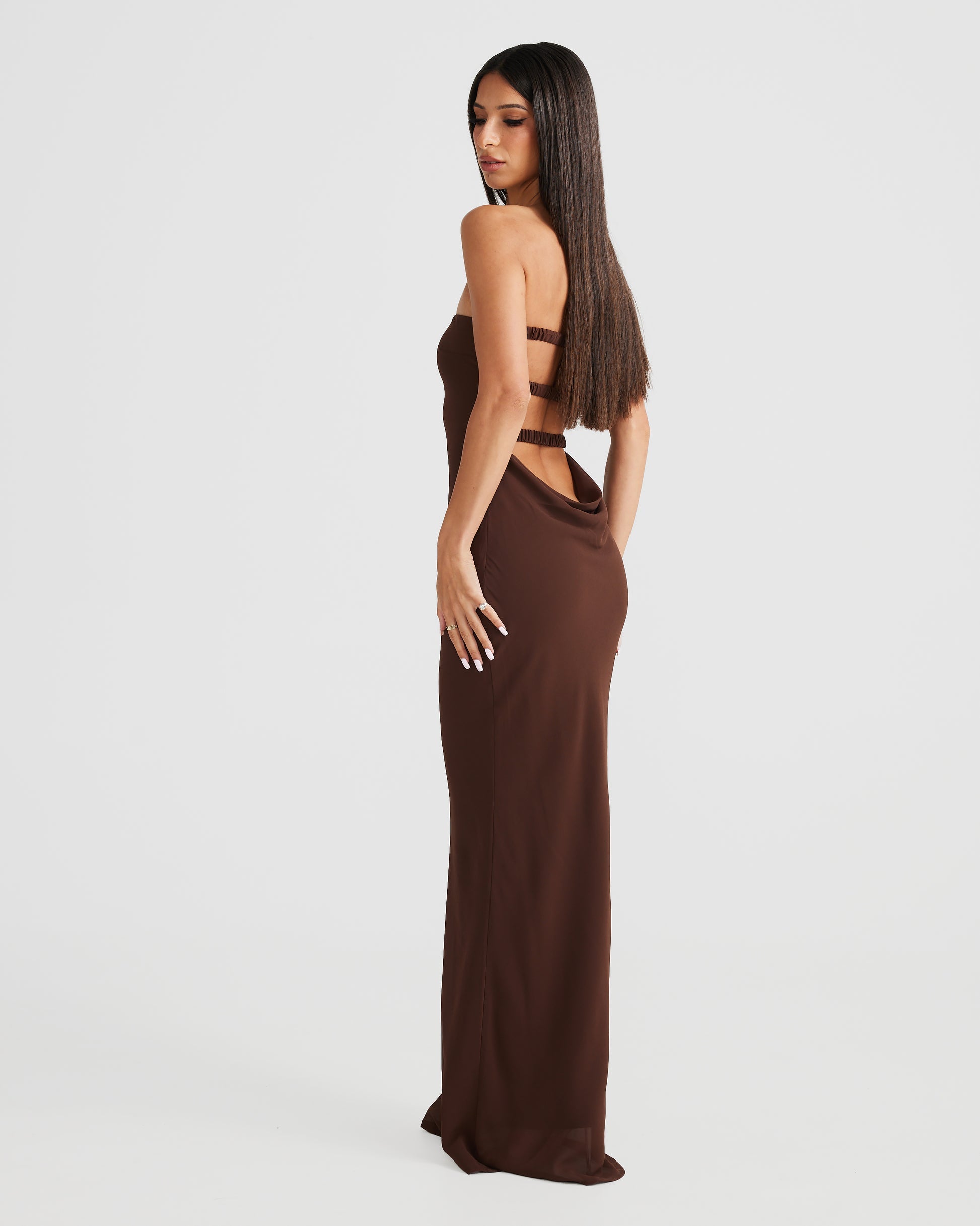 MÉLANI The Label VIKTORIA Brown Strapless Chiffon Backless Dress