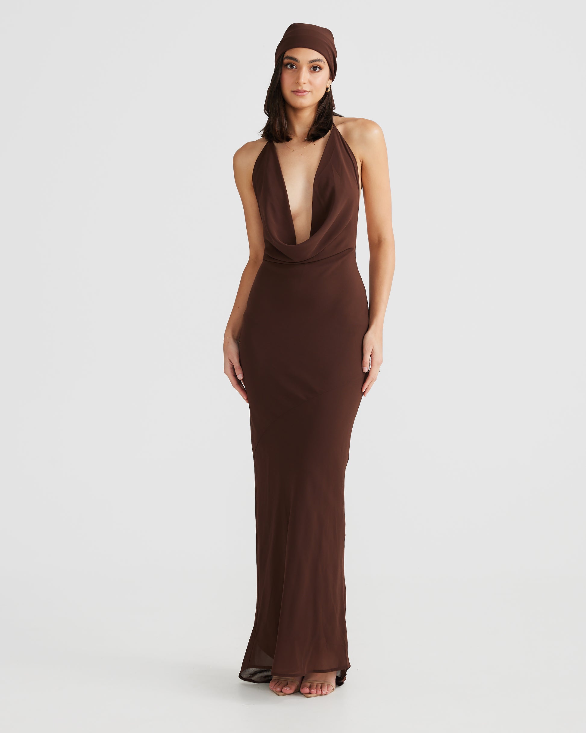 MÉLANI The Label LOPEZ Brown Cowl Neck Chiffon Backless Dress