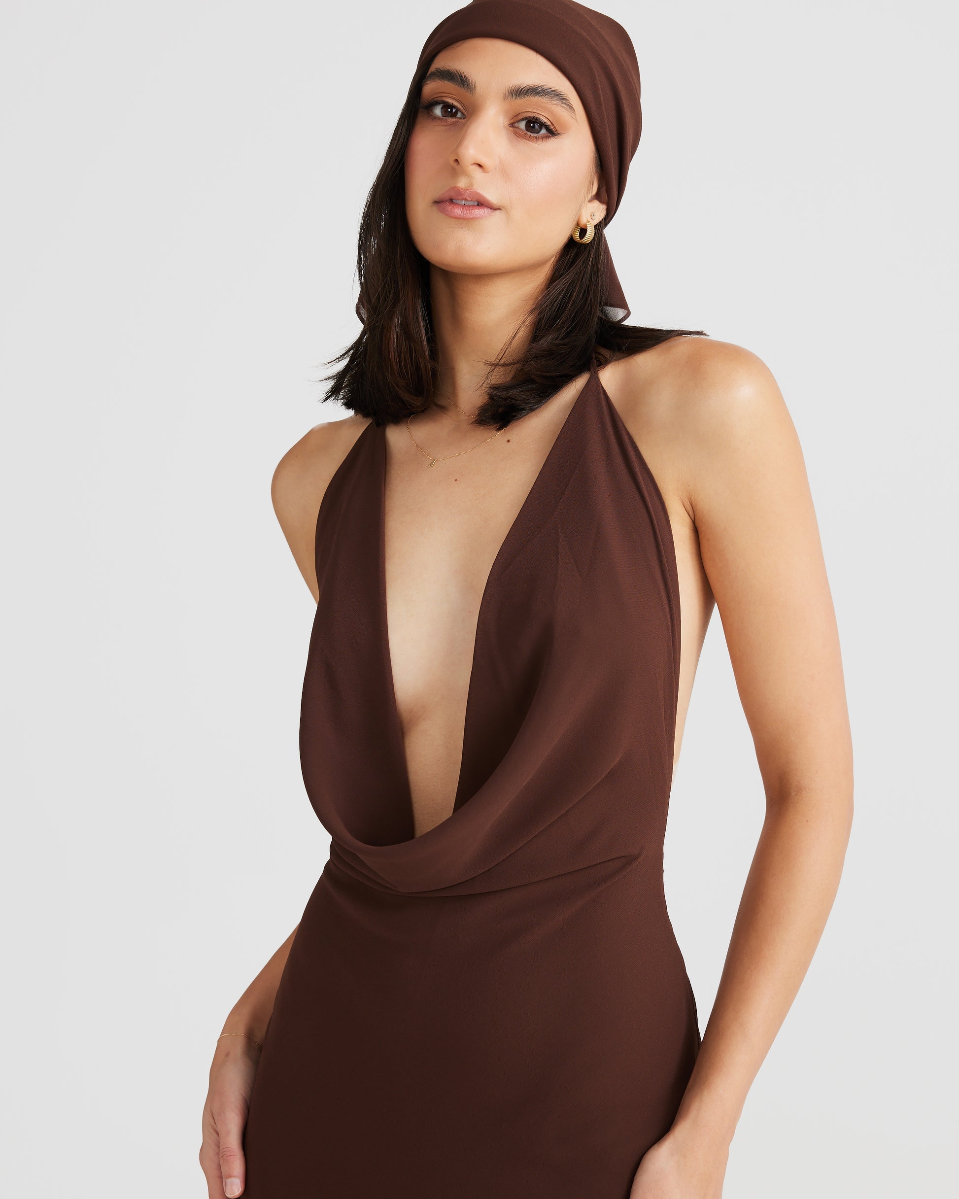 MÉLANI The Label LOPEZ Brown Cowl Neck Chiffon Backless Dress