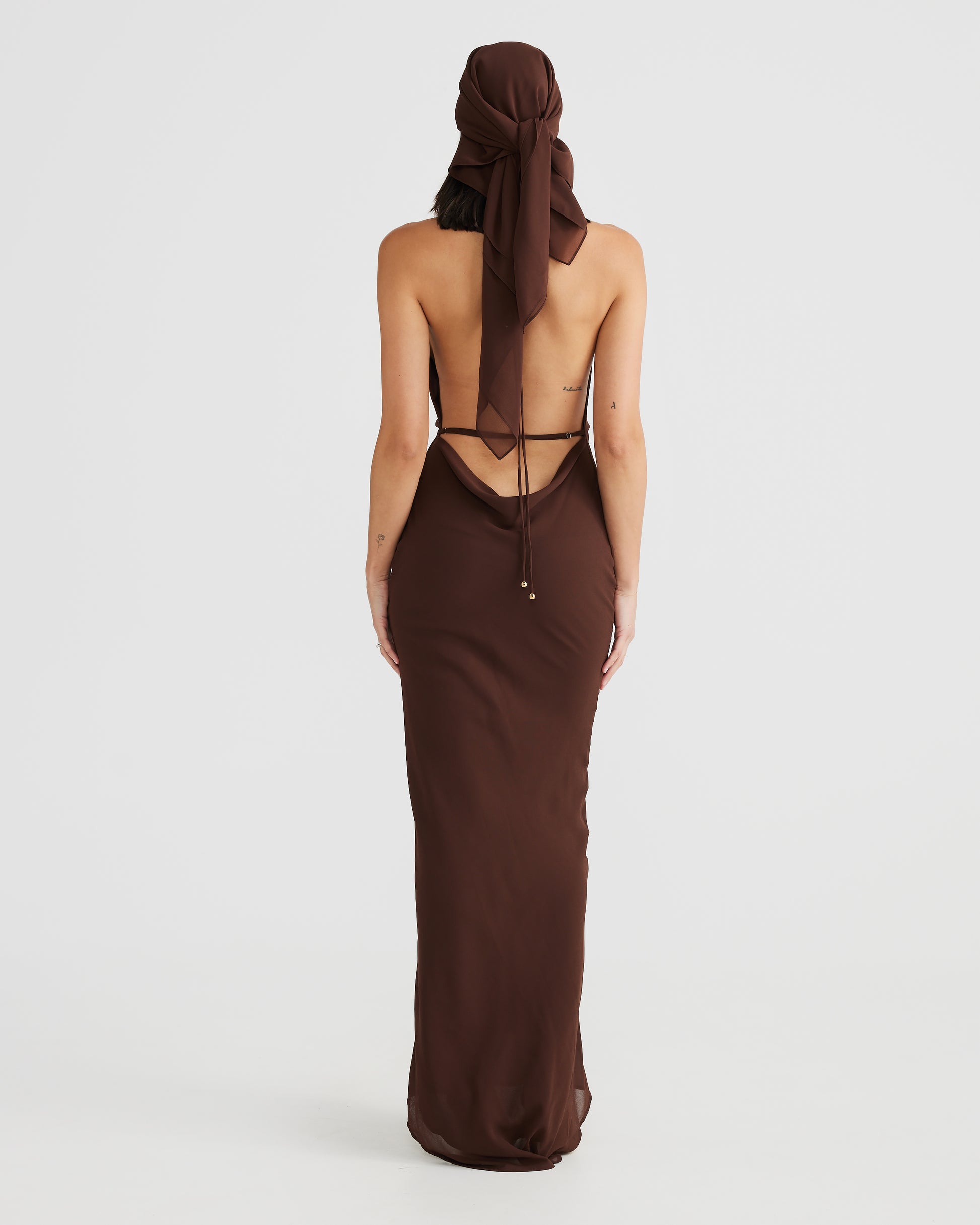 MÉLANI The Label LOPEZ Brown Cowl Neck Chiffon Backless Dress