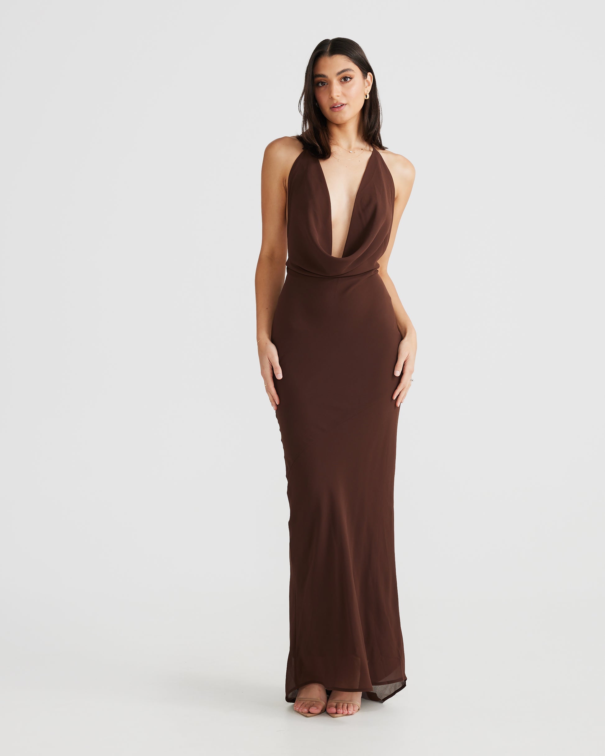 MÉLANI The Label LOPEZ Brown Cowl Neck Chiffon Backless Dress